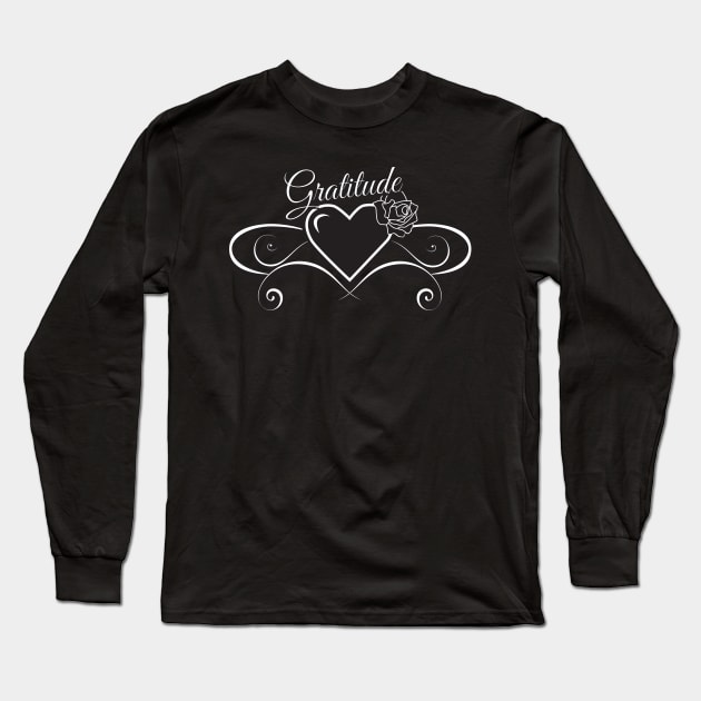 Gratitude Heart with Rose Black & White Long Sleeve T-Shirt by KEWDesign